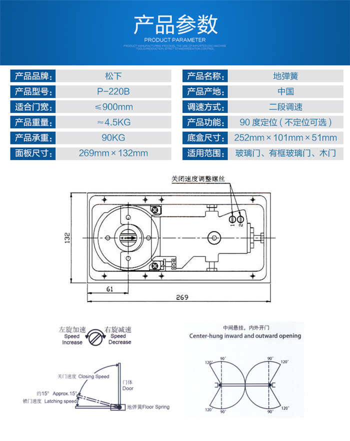 松下原裝正品無框玻璃門地彈簧通用型木門有框門地彈簧配件P-220B